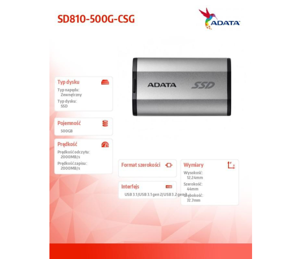 ADATA Dysk SSD External SD810 500GB USB3.2 20Gb/s Srebrny - 1211900 - zdjęcie 6